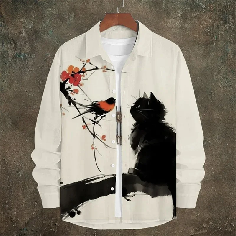 Men's Long Sleeve Linen Shirt Vintage Flower Illustration Casual Loose High Quality Kitten Clothing