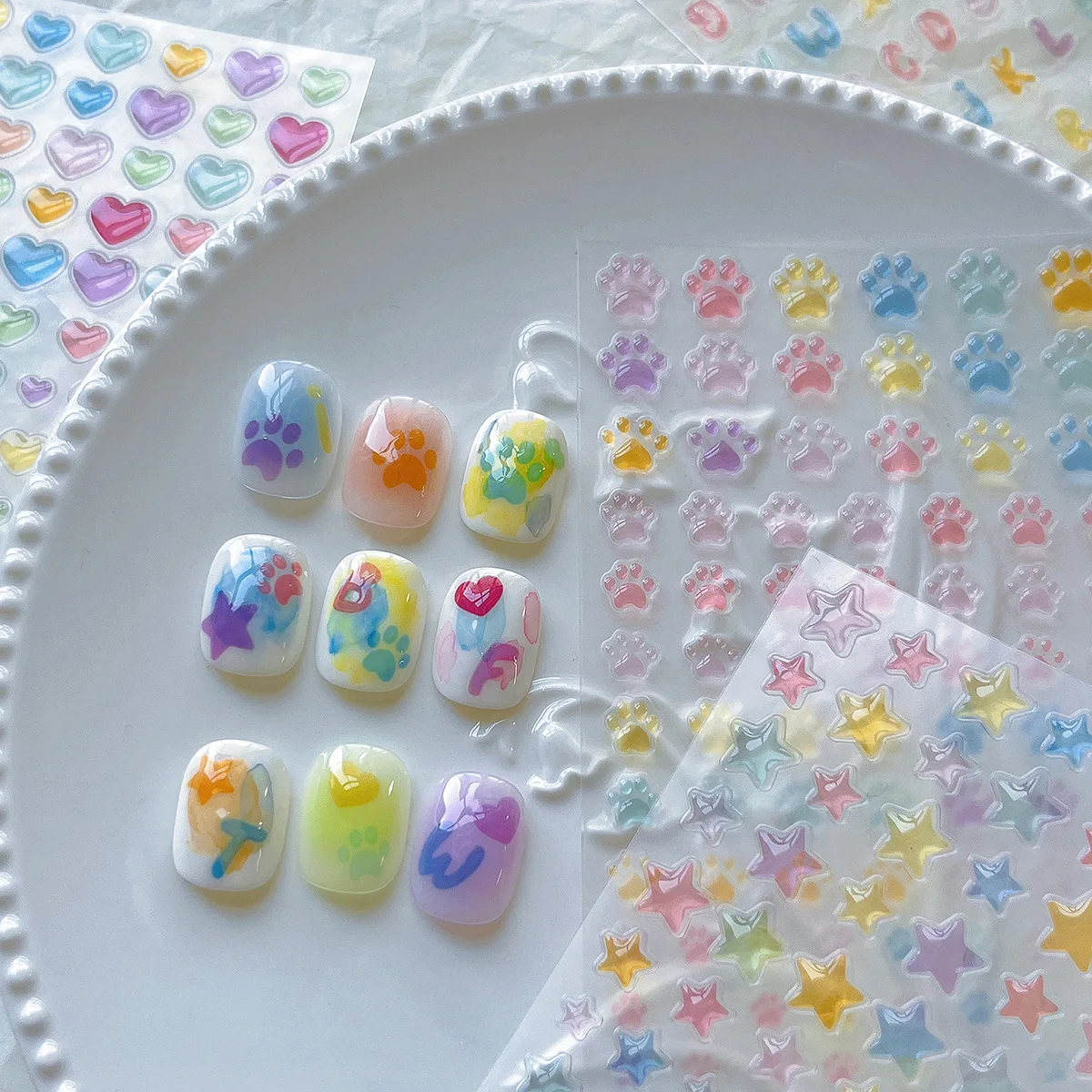 

Jelly Color Nail Stickers 3D Five-Point Star/Heart/Letter Nail Art Decals Colorful Translucent Glitter Gel Effect DIY Manicure