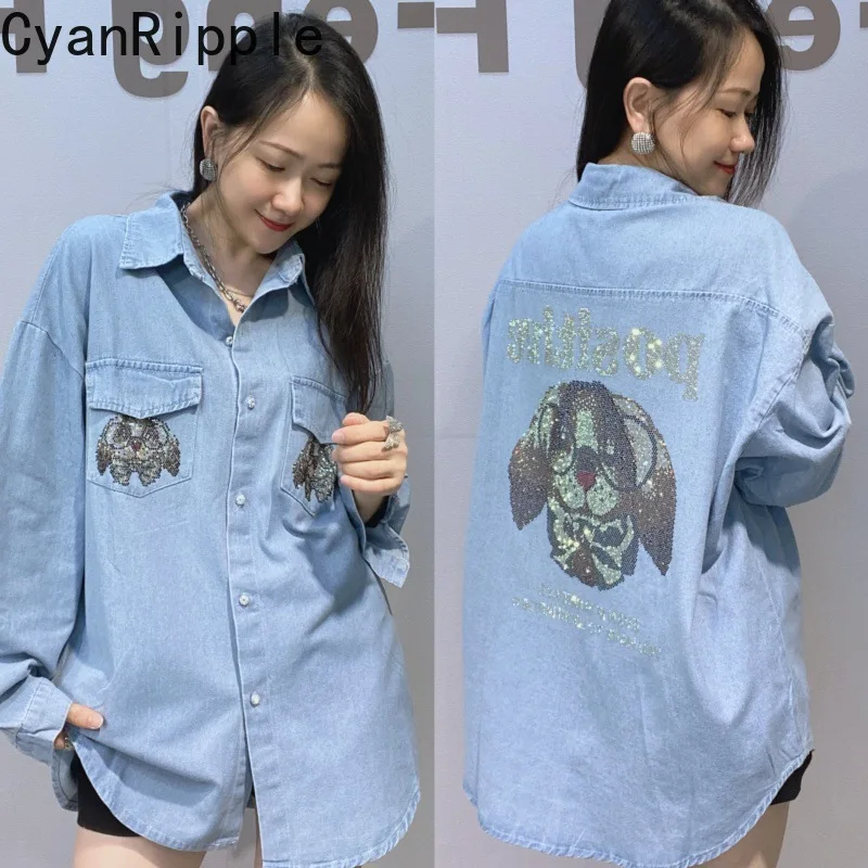 2026 New Autumn Long Sleeve Women Denim Shirt Mid-long Oversize Single-breasted Cardigans Top Hot Diamonds Casual Blouses Blue