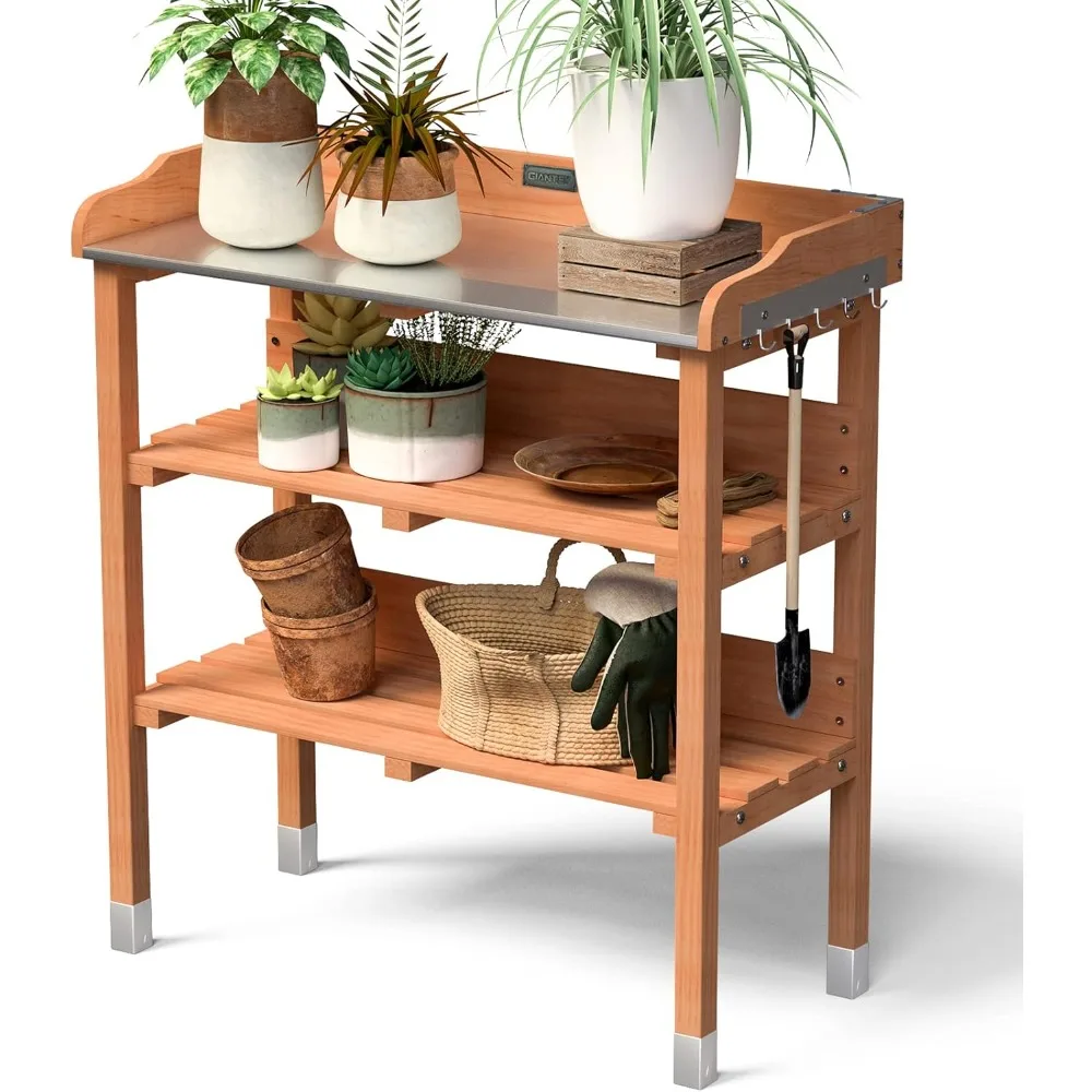 

Garden Potting Bench, Outdoor Wood Workstation Table with Galvanized Steel Tabletop, 5 Hooks, 2-Tier Storage Shelves