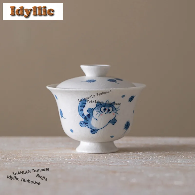 100ml Hand-painted Blue And White Cute Cat Gaiwan Boutique Tea Tureen Tea Bowl With Lid Kit Tea Maker Cover Bowl Tea Set Gift