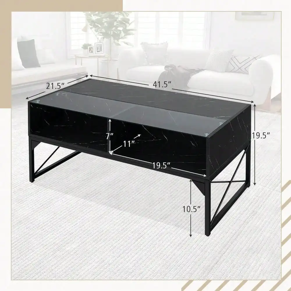 High-gloss Coffee Table w/ Faux Marble & Tempered Glass Top 4 Storage Cubes
