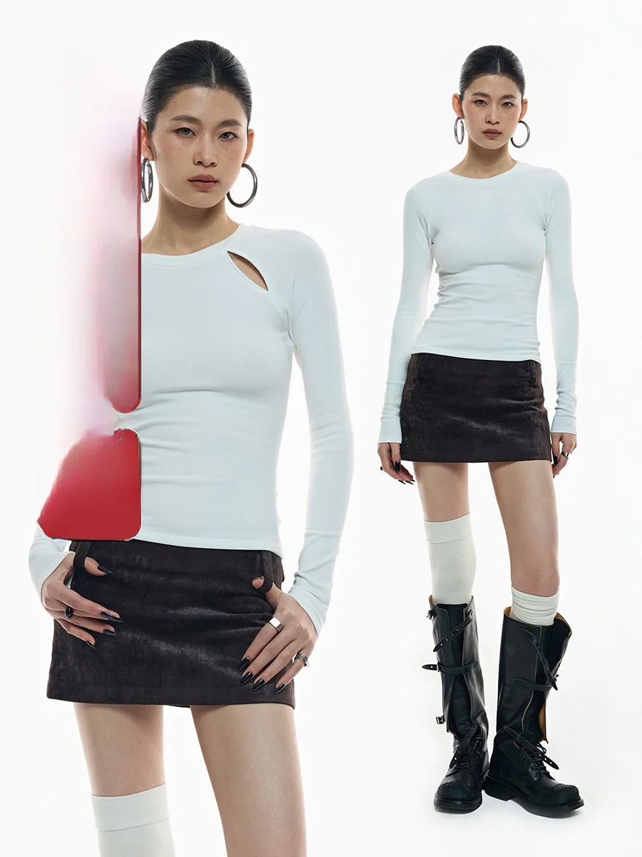 

Женский базовый слой Fce Long Sve T-irt: топ из смесового хлопка с вырезами на плечах, повседневный, облегающий, для весны