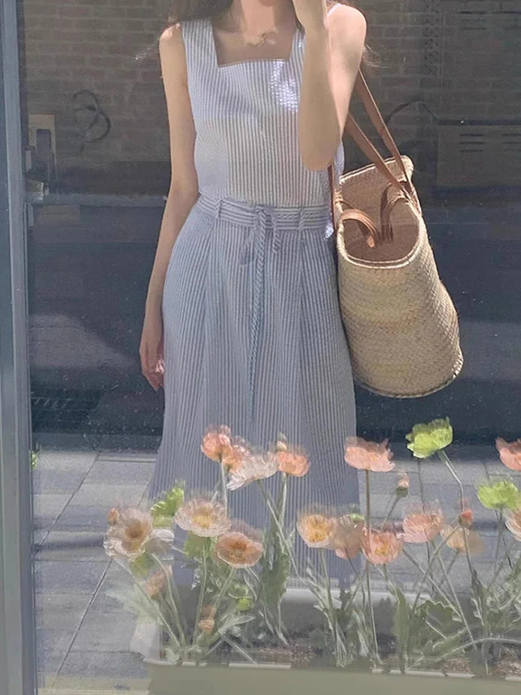 Korean Chic Summer Unique Square Collar Stripe Vest High Waist Slimming  Skirt Set Women's