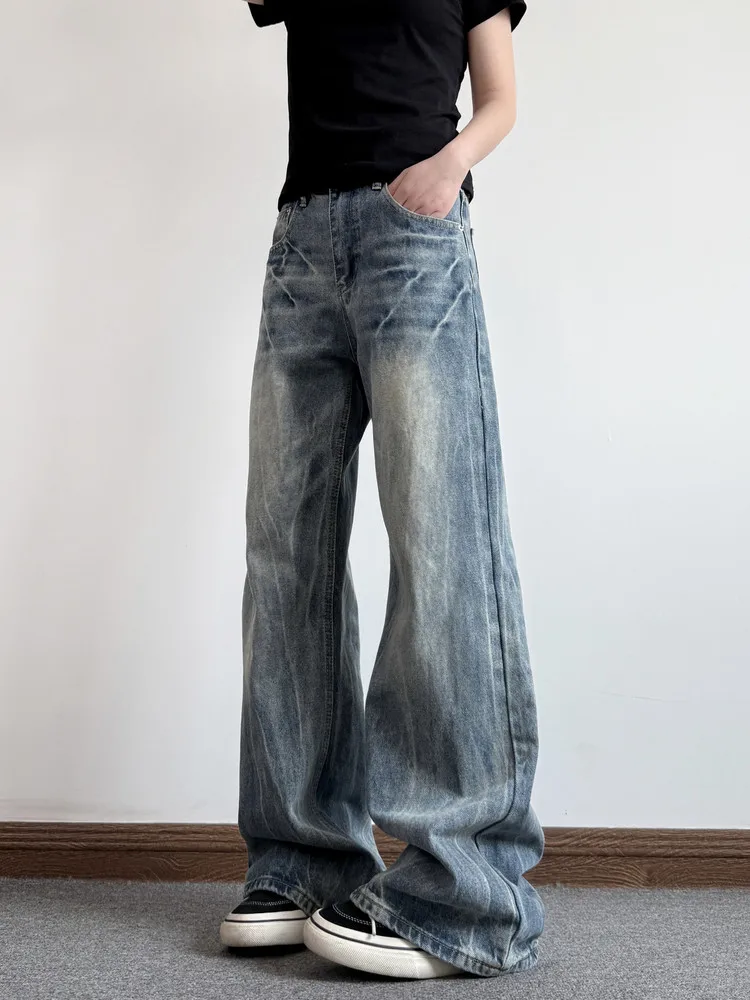 

Cleanfit American High Street Retro Split Lightning Wide Leg Loose Straight Jeans Men Women Casual Wear Resistant Summer Jeans