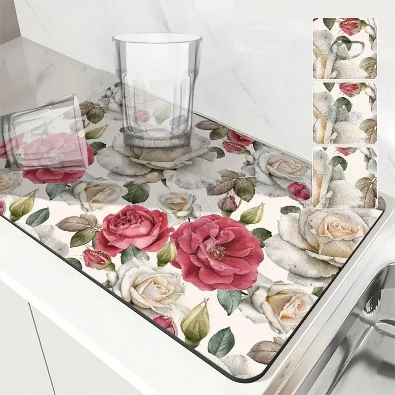 Watercolor Style Absorbent Mat Plant Flower Rose Draining Mat Kitchen Tableware Drying Tableware Non Slip Carpet Tableware