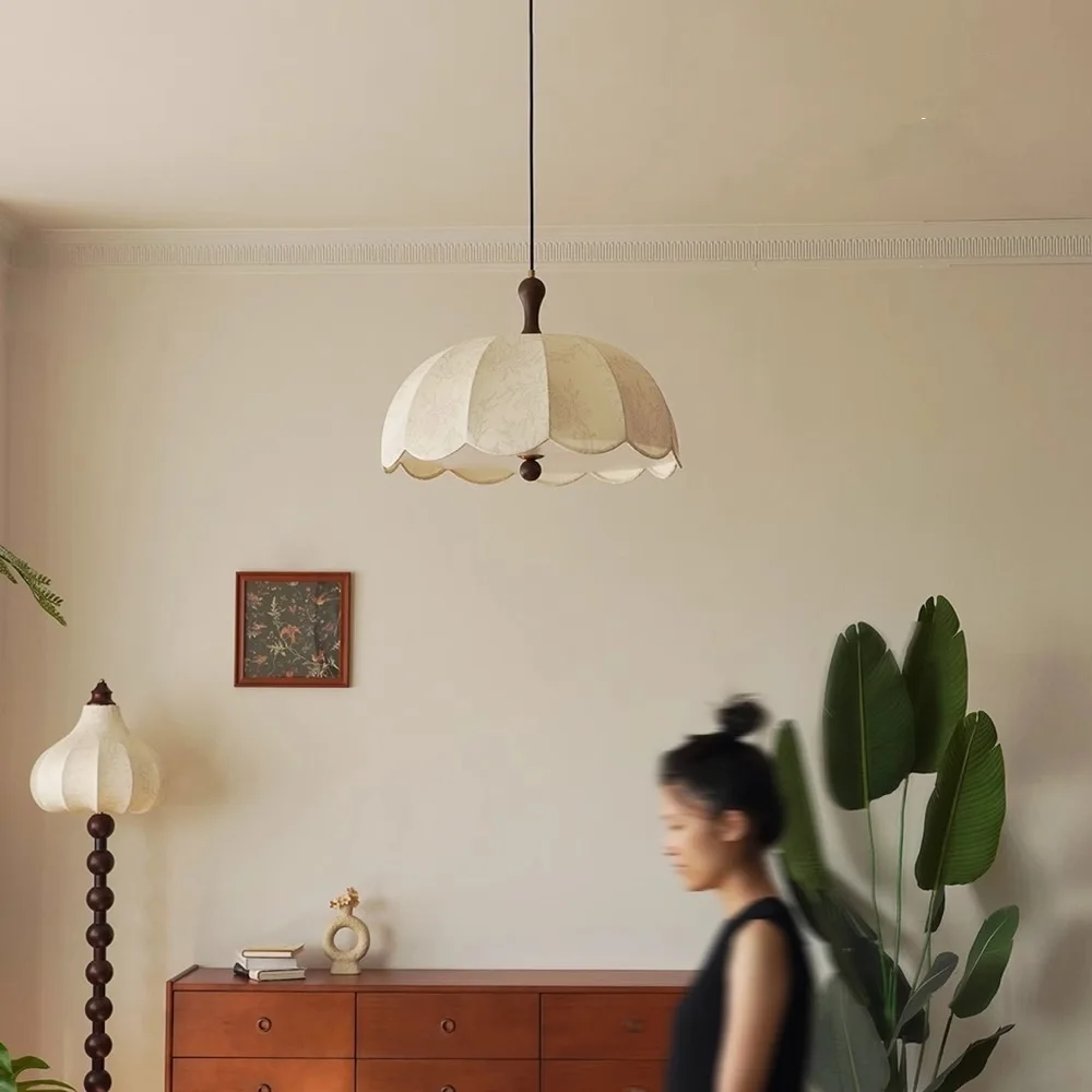 Vintage Fabric Pendant Light French Printed Pendant Lamp Bedroom Living Room Dining Table Coffee Shop Decoration Pendant Light