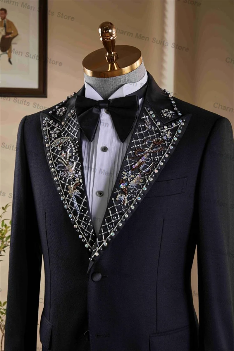 Conjunto de trajes de cristal negro para hombre, Blazer de 2 piezas + Pantalones, hecho a medida esmoquin de boda, chaqueta Formal de oficina para novio, abrigo de Graduación