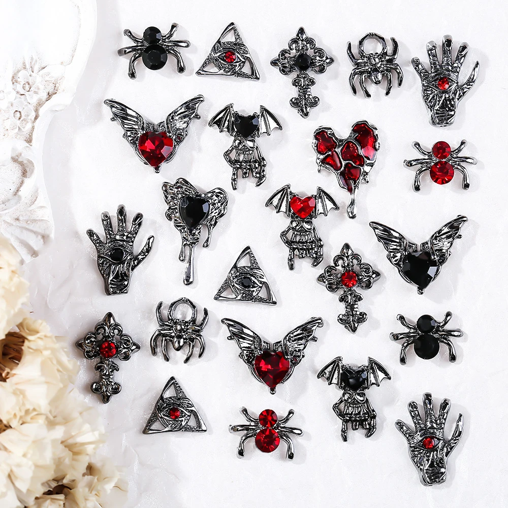 20pcs/pack Random Halloween Nail Charms with Dark Crystals Metal Nail Decorations Devil Hand Spider Heart Manicure DIY Y2K Parts