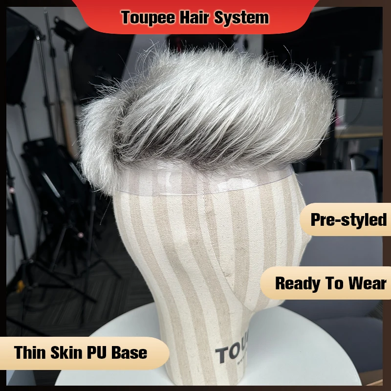 Human Hair Toupee For Men PreStyled Thin Skin PU Basement Hair Piece Hair Replacement Systems Men\'s Wigs Protesis Male Grey Har