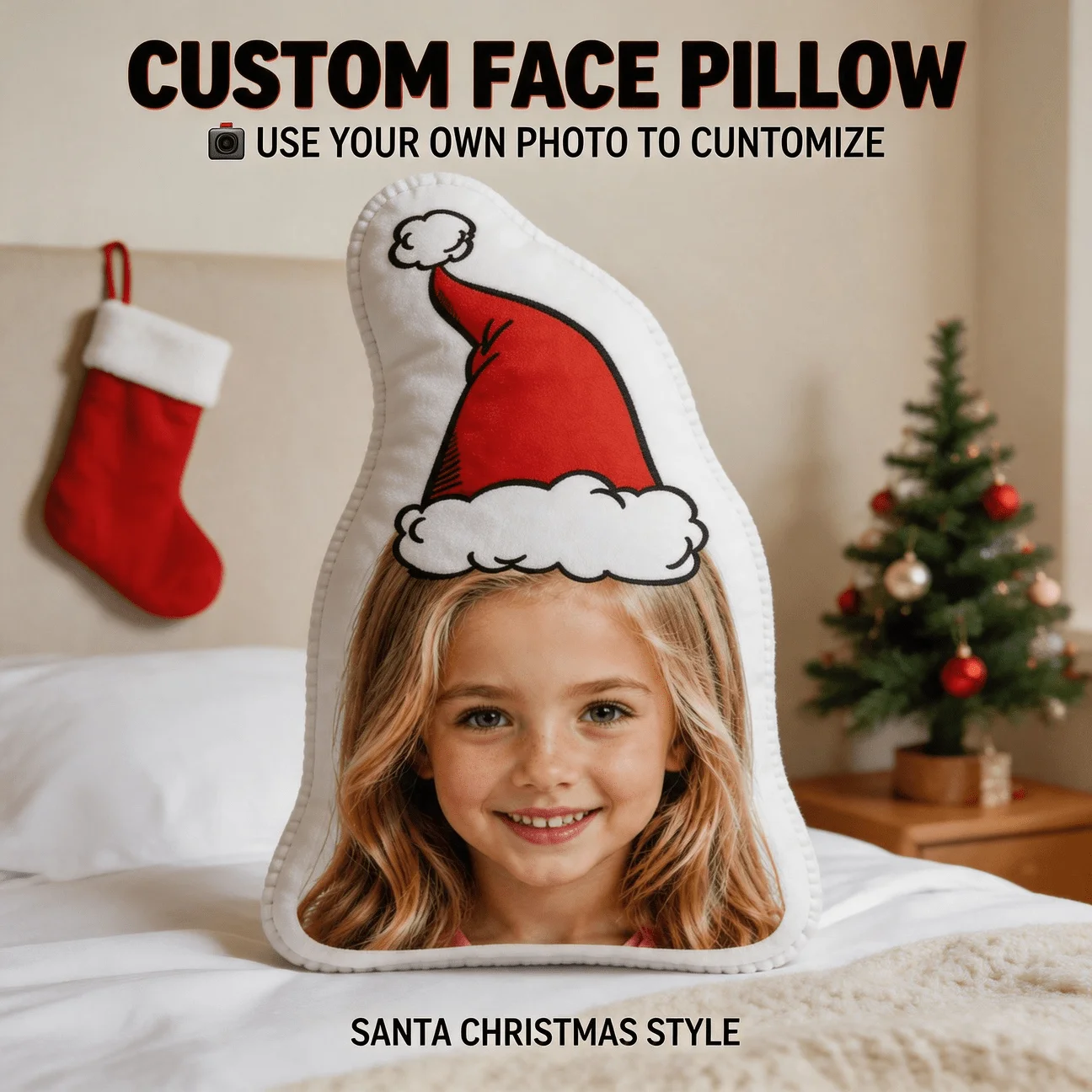 Customized personalized photo face shaped pillow, smiling red Christmas hat decoration cushion, unique home decoration, suitable