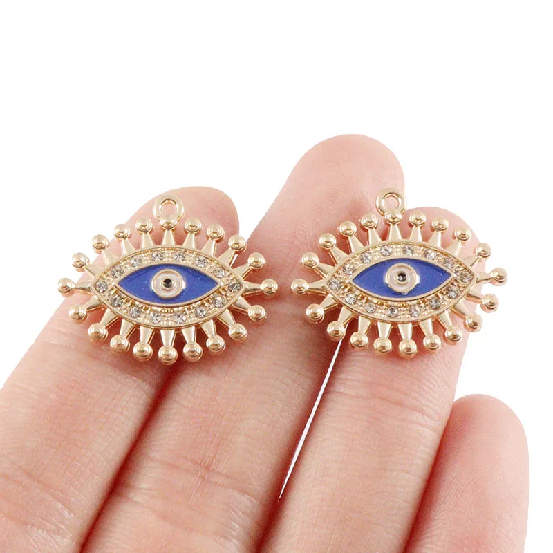 5 x Antique Gold Color Turkey Lucky Blue Evil Eye Eyelash Rhinestones Charms Pendants Necklaces DIY Making Accessories