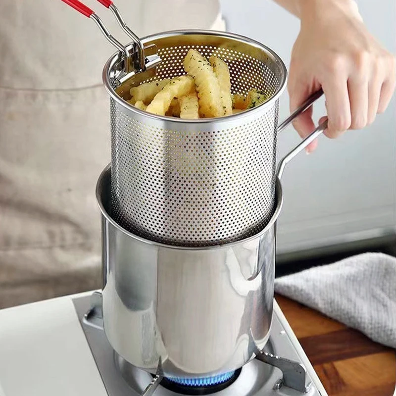 1.2L Deep Fryer Pot Small Stainless Steel Frying Pot with Strainer Basket for Tempura French Fries Chicken Kitchen Cooking Tools