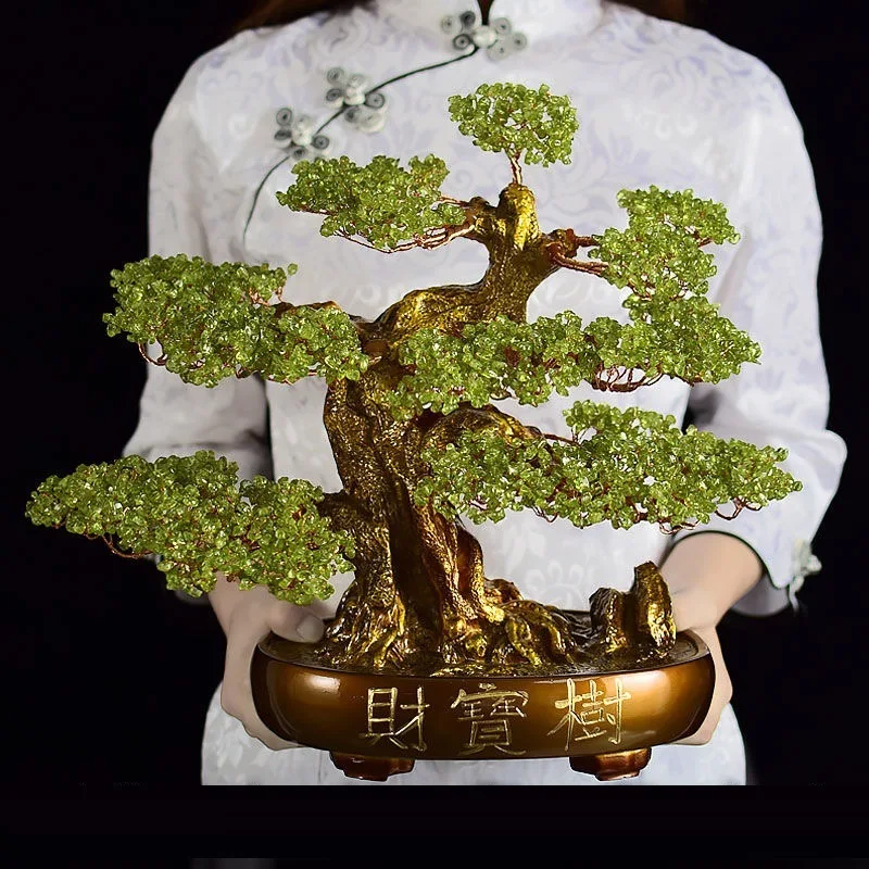 YFY natural olive rough stone crystal fortune lucky cash tree decoration home living room entrance opening gift ornament
