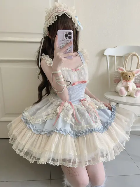Japońskie słodycze Lolita Jsk sukienki Kawaii kobiety w stylu Vintage elegancka koronkowa siateczkowa sukienka z paskiem księżniczki Harajuku Lolita odzież