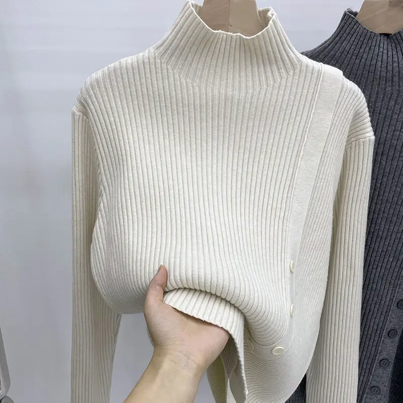 

High Collar Knitted Bottom Sweater Pullover Women 2023 Winter New Long Sleeve Design Sweater Stacked Collar Pullover Female Top