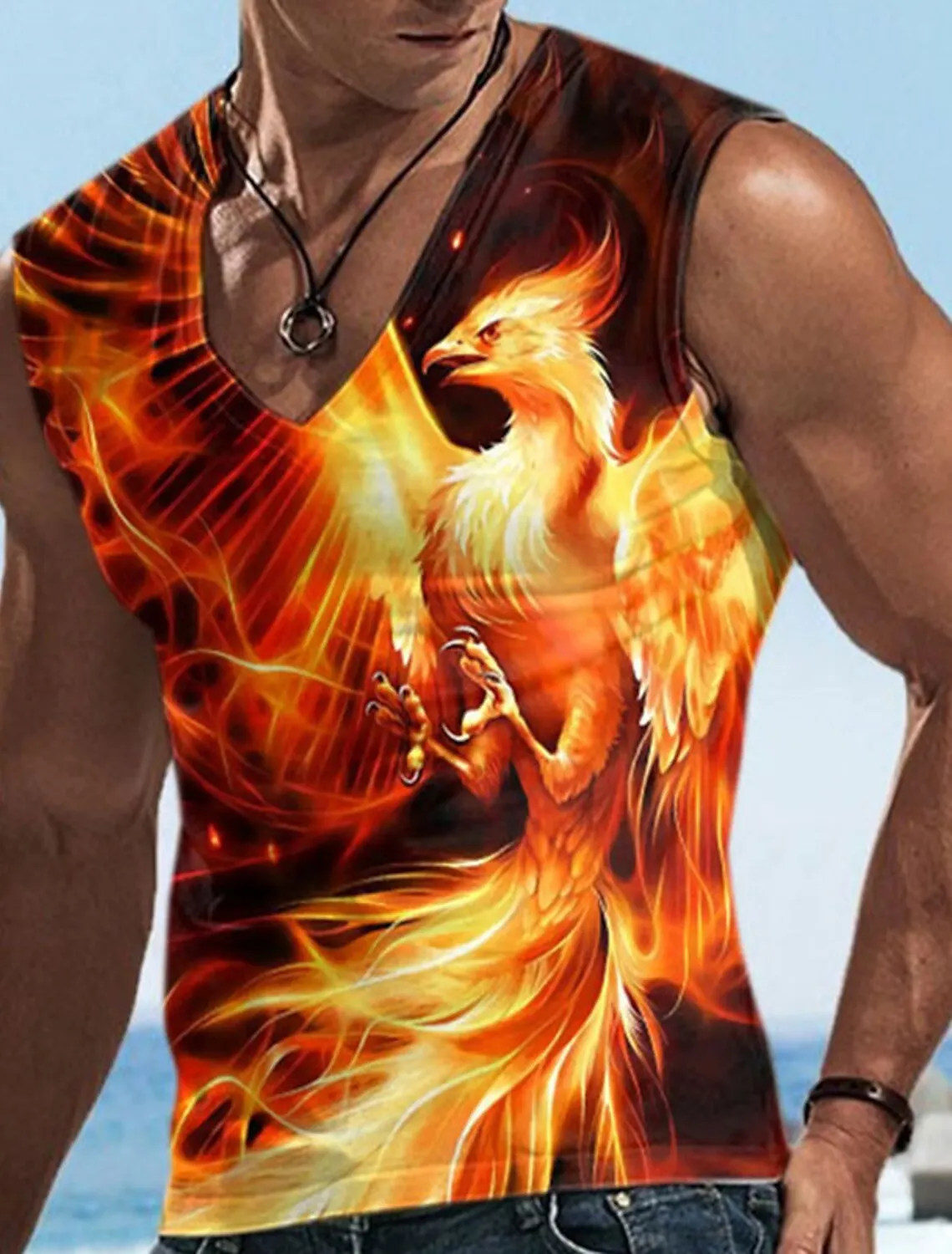 

Summer Men's Retro T Shirt Stereoscopic Print Oversized Retro Phoenix Pattern 2023 Street Sleeveless Men's Fashion Vest Tops