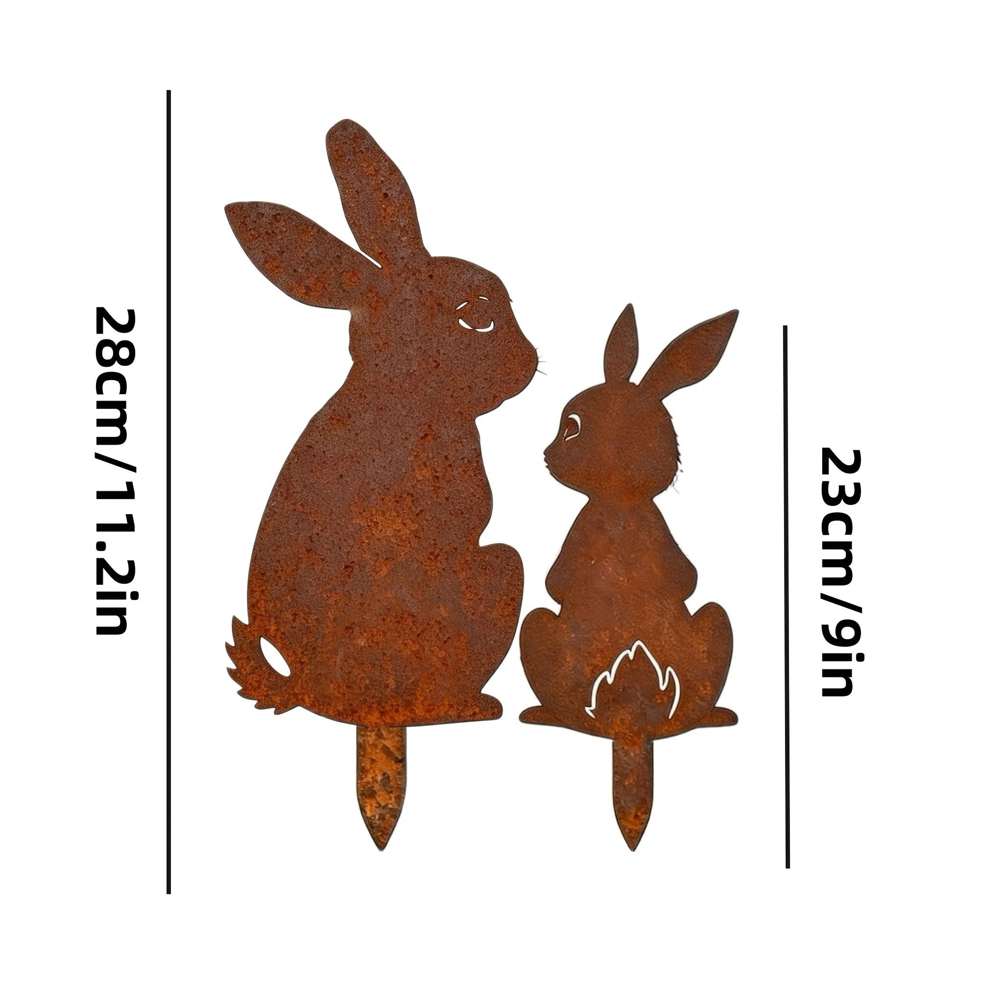 2-Piece Set of Rustic Style Rust-Colored Metal Rabbit Garden Stakes — Easter Yard and Lawn Decorations