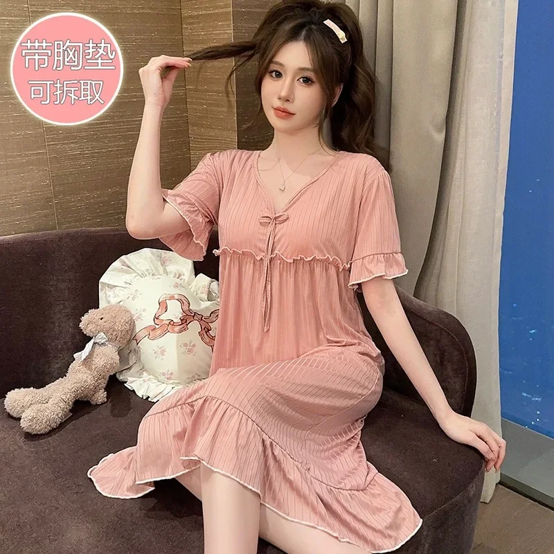 150kg Extra Large Size Nightgown Women Summer Short-sleeved Pajamas Korean Sweet Loungewear Solid Home Clothes Mid Sleepdress