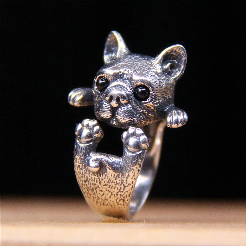 Buyee 925er Sterlingsilber, Persönlichkeit, großer Ring, Finger für Damen und Herren, modisch, einzigartiger Hund, Tier, Rock, Punk, edler Schmuck, Kreis