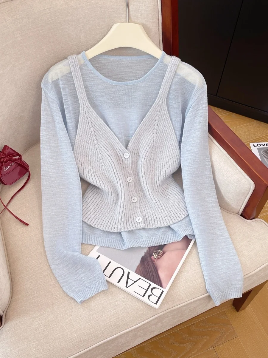 

Loose Comfortable Blue Knitted Two-Piece Set Women's Spring Faion New Sle Layered Lazy Sle Vest Set Ele Sle