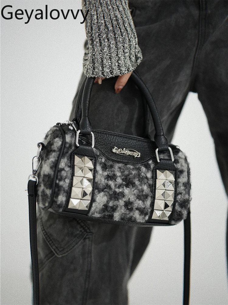 Original Heavy-duty Rivet Autumn Winter Women's Handbags Plush Retro Boston Pillow Handheld Shoulder Crossbody Bag Femme