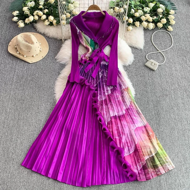 ANLAN Beading Notched Collar Design Women's Pleated Dress Bandage Print Ruffled Panelling‌ Spliced Long Sleeve Dresses 2AN7109