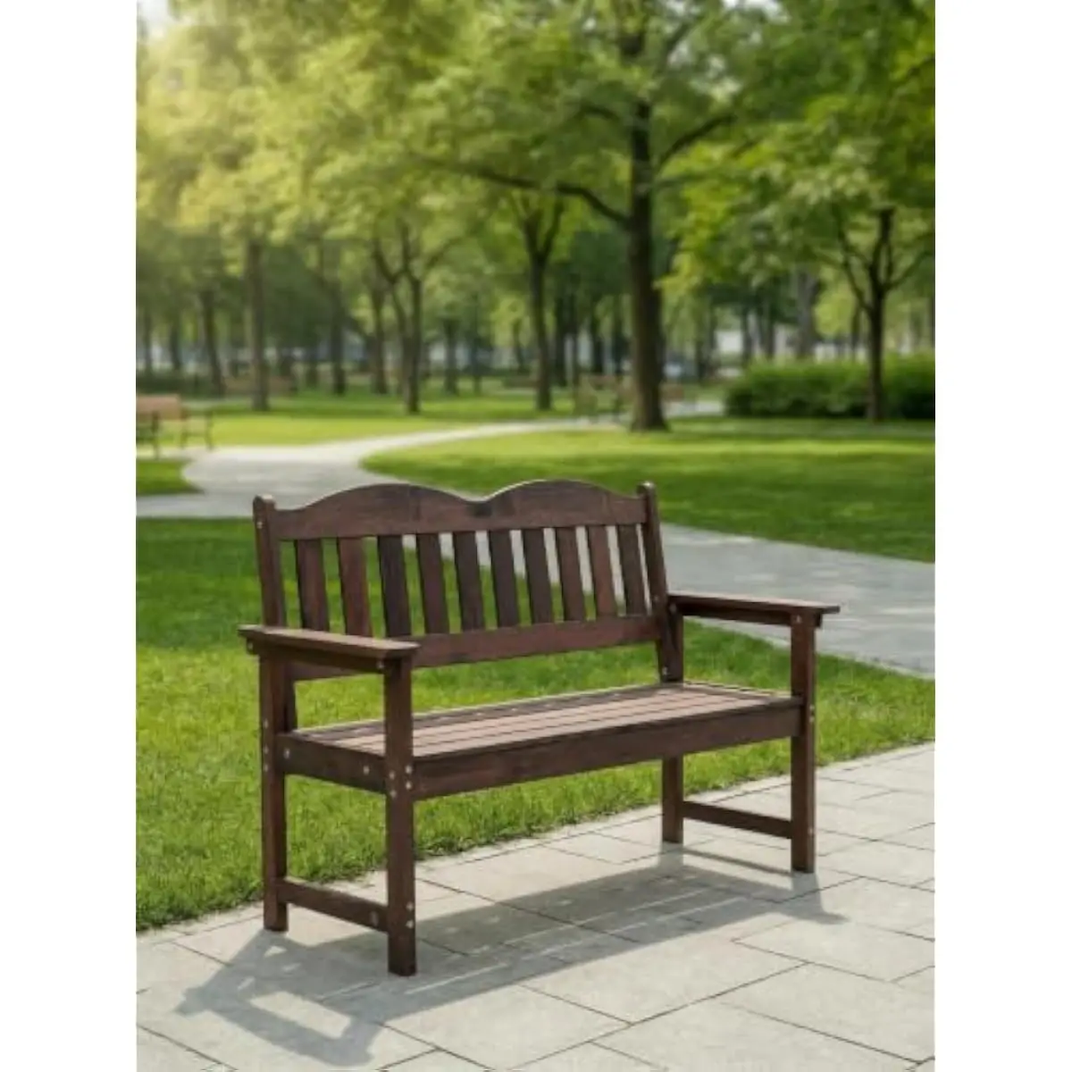 Two-person classic-style outdoor bench crafted from solid acacia wood with light brown finish; ergonomic slat-back design for co