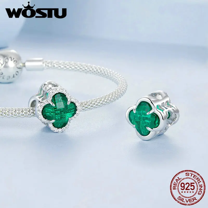 WOSTU 925 Sterling Silver Green Plant Charms Cactus Flower Pendant Four-leaf clover Lucky CZ Beads Fit Original Bracelet Gift