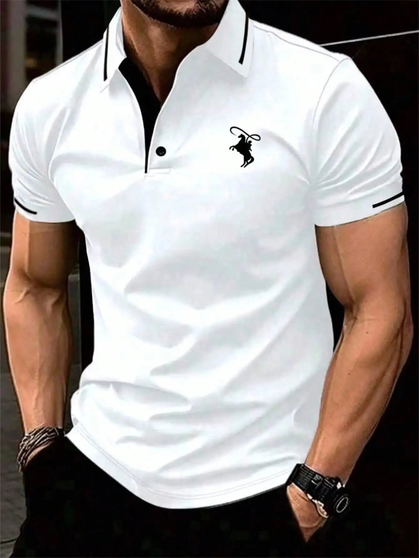 

Men's White Short Sleeve Polo Shirt with Contrast Trim and Horse Rider Embroidery