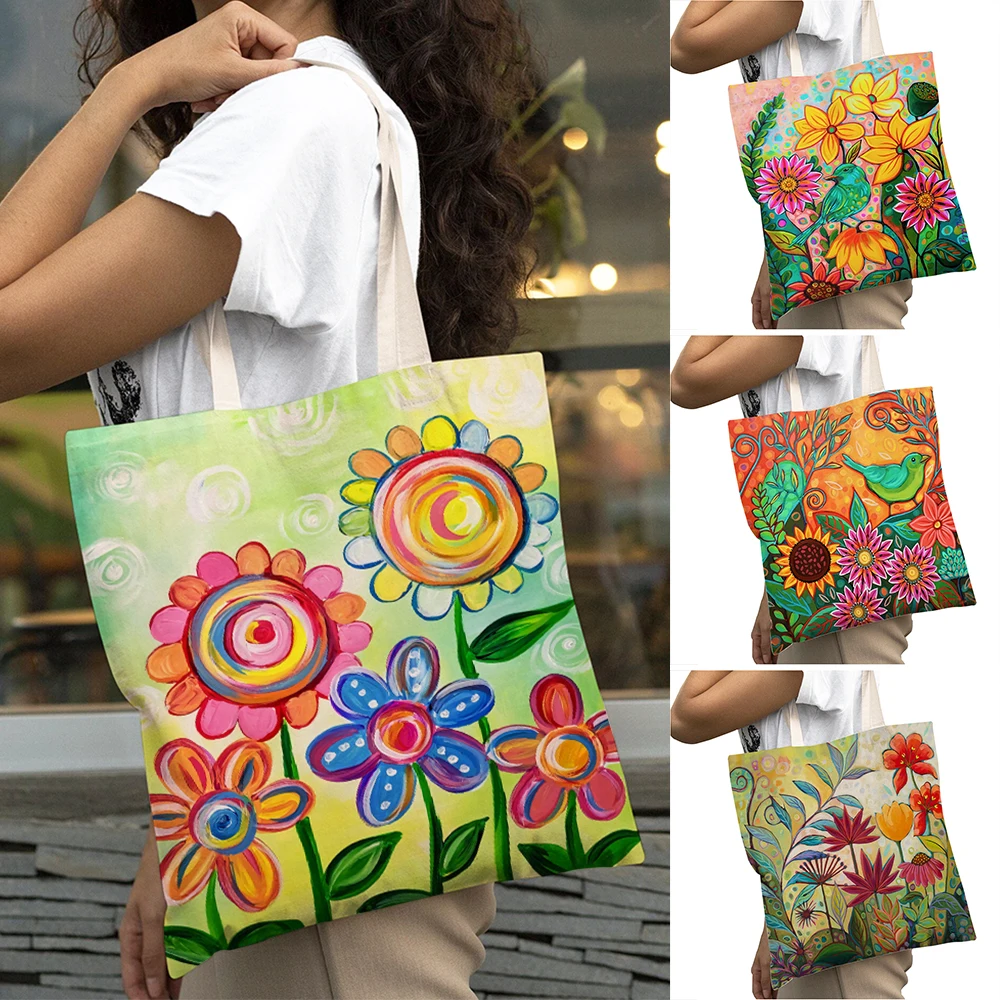 

Cartoon Flower Big Capacity Lady Shopper Bags Plant Art Women Shopping Bag Double Print Daily Commute Shoulder Tote Handbag