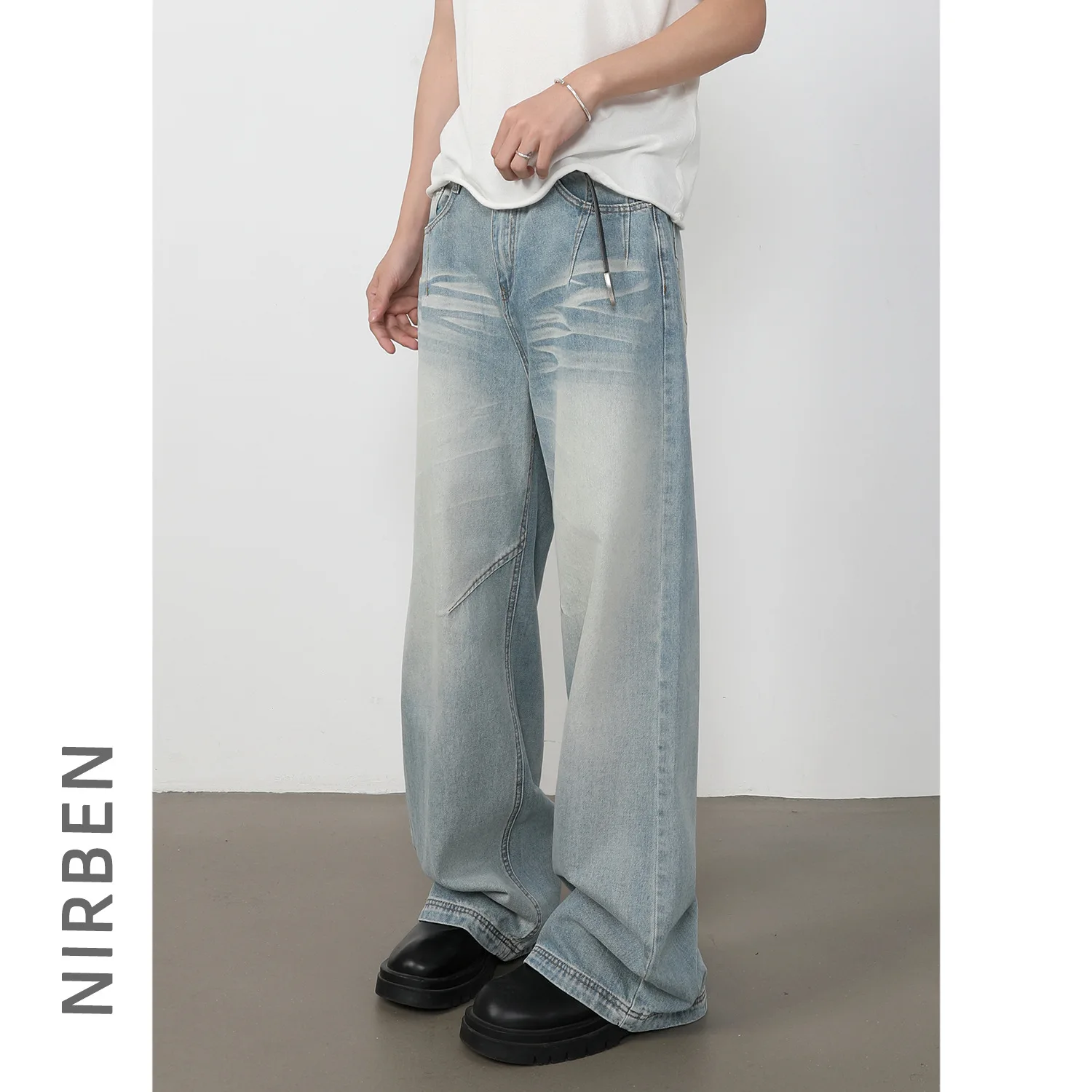 American High Street Vintage Men's Light Blue Wide Leg Casual Simple Basic Trendy Jeans Pants Male New Fashion Denim Trousers