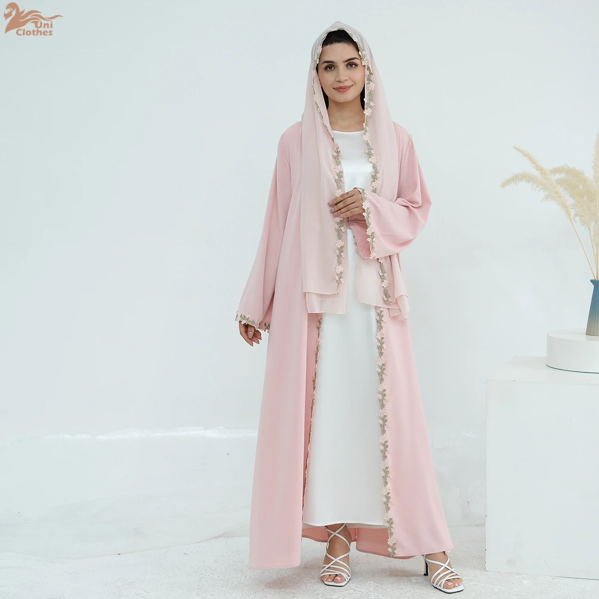 2025 ropa islámica cárdigan para mujer bata Abaya conjunto de 2 piezas Nida verano bordado de flores Abaya vestido musulmán para mujer con Hijab