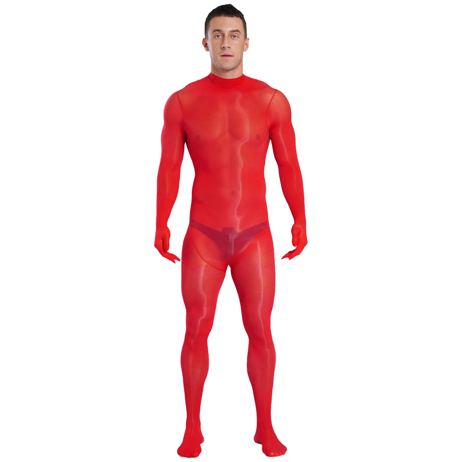 

Sexy See Through Nylon Body-stockings Jumpsuit Men Full Finger Gloves Back Zipper Full-body Bodysuit Unitard Exotic Nightwear