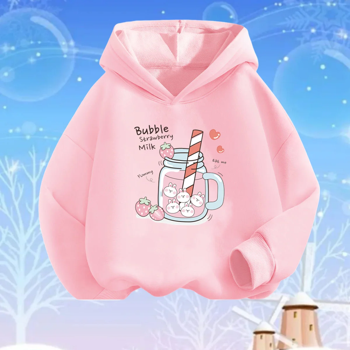 Kawaii Peach Juice Summer Drink Print Hoodies Girls Hooded Sweatshirt Soft Top Student Thin Basic Coat