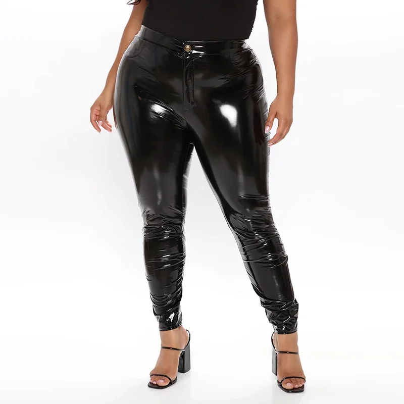 Sexy PU Faux Latex Plus Size Leather Pants Slim High Waist Pencil Pant Woman PVC Button Stretchy Bodycon Leggings Custom