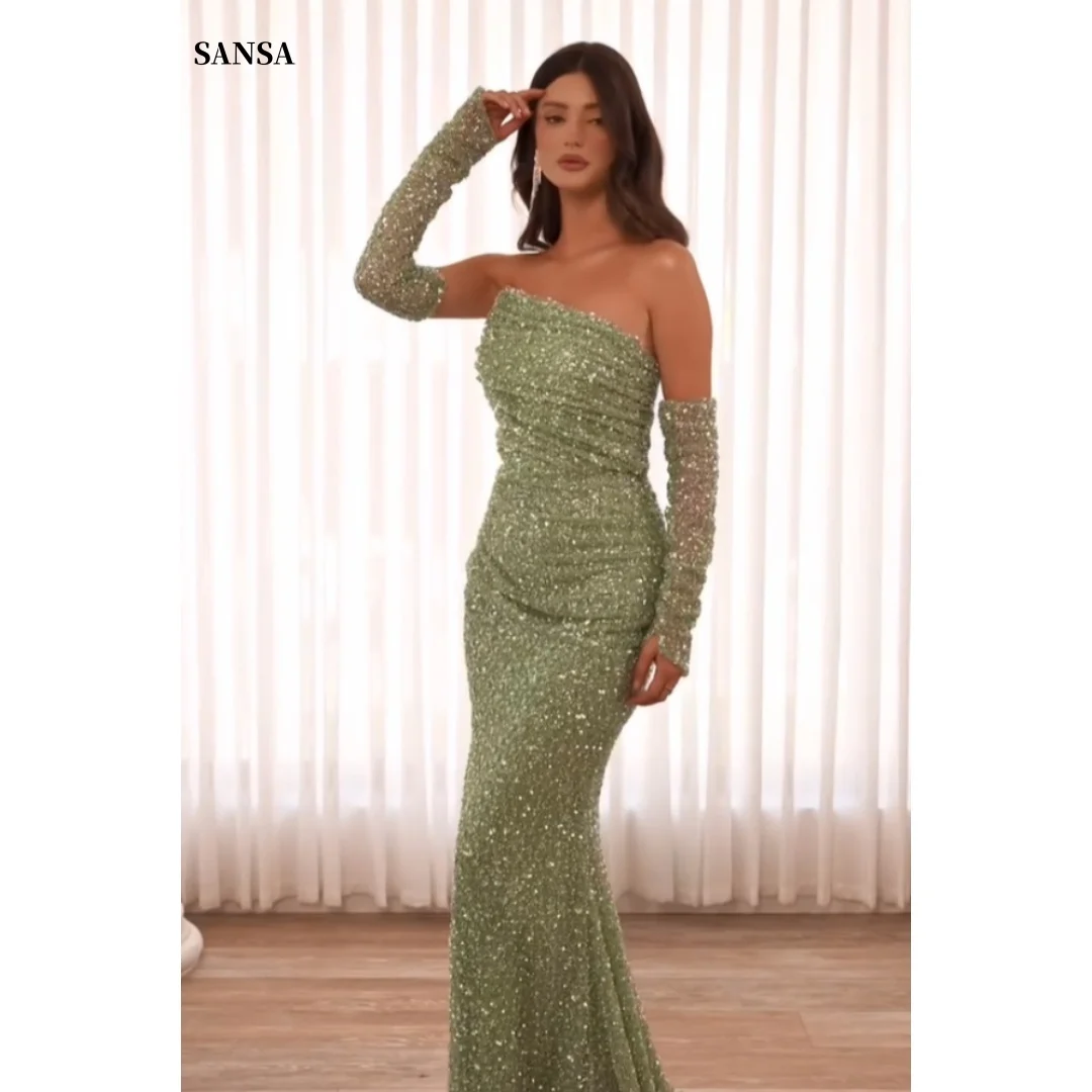 

Sansa Индивидуальные зеленые платья для выпускного вечера с блестками и рукавами без бретелек с боковым разрезом فساتين majiنغبات opgśla długość podłogi vestidos de festa