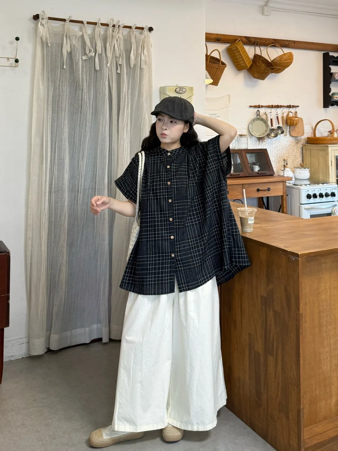

plus Size Women's Vintage Plaid Short Sleeve Shirt Summer New College Style Casual Loose Wide Leg Pants Korean Version High W...