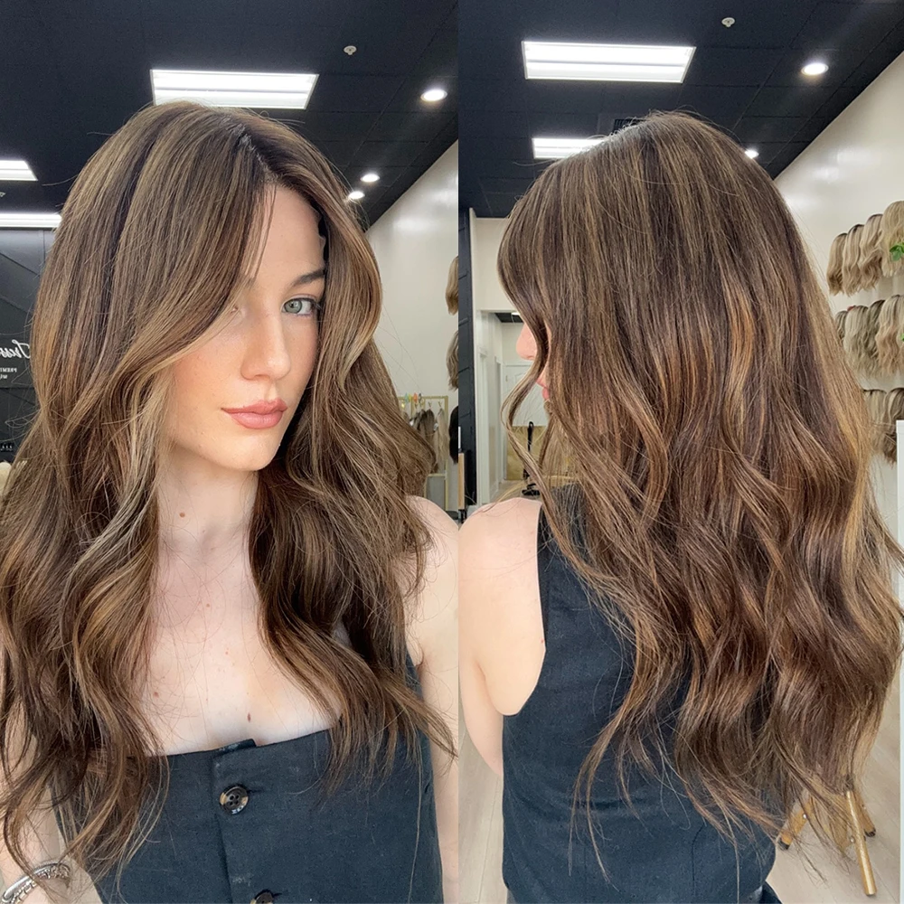 

Синтетический парик с светлыми прядями и кружевной основой, средний коричневый, с HD-кружевом спереди, натуральная линия роста волос, для женщин с белой и черной кожей