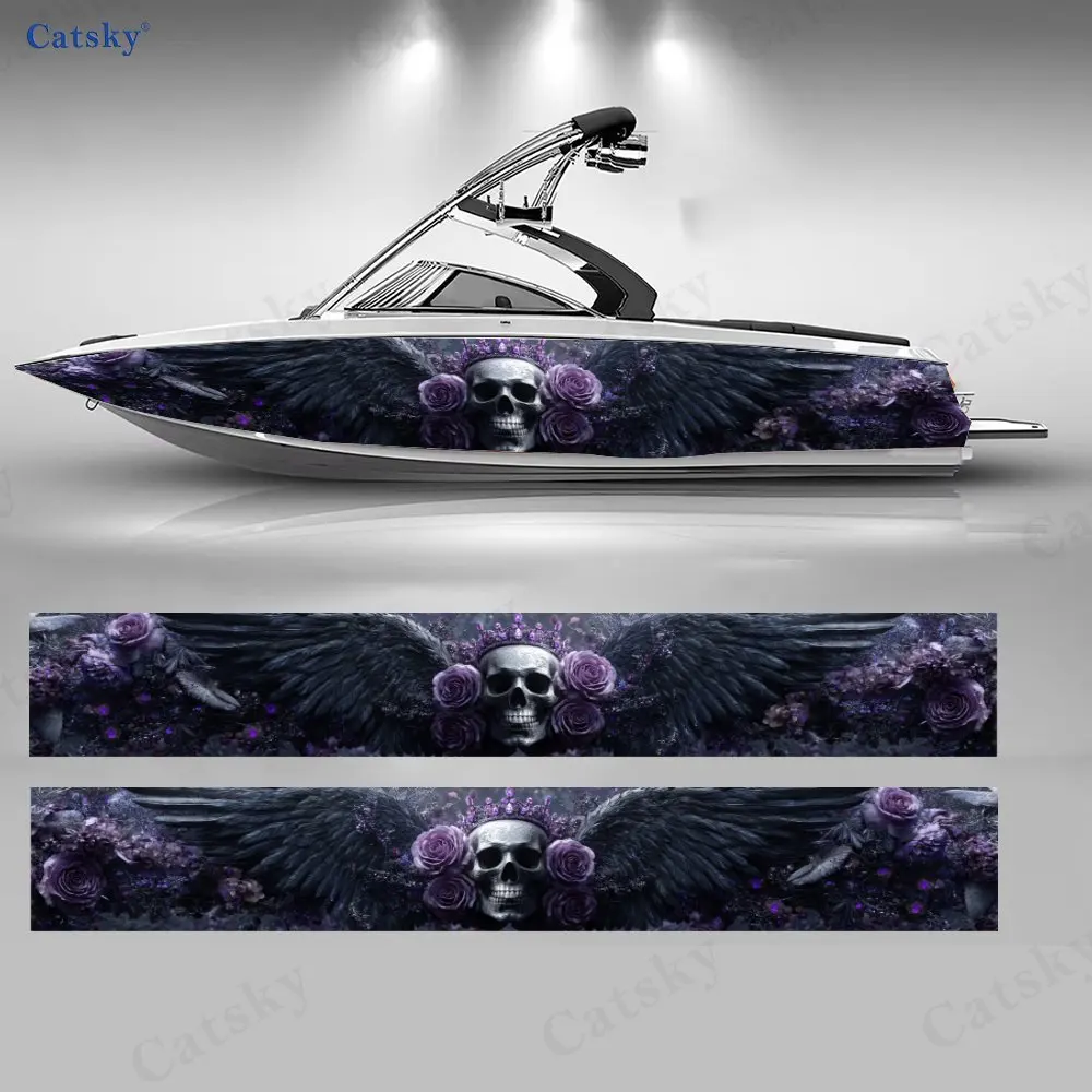 Purple Rose Dark Wing Skull Boat Sticker, PVC Waterproof Durable Vinyl Wrap Decals for Fishing Boats, Durable and Stylish Design