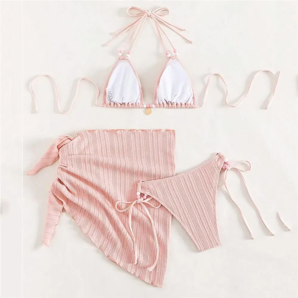 الوردي مضلع ملابس السباحة مع التستر سلسلة الرسن 3 قطعة مجموعة البكيني مثير مايكرو ثونغ ملابس السباحة النساء 2024 الفراولة بحر