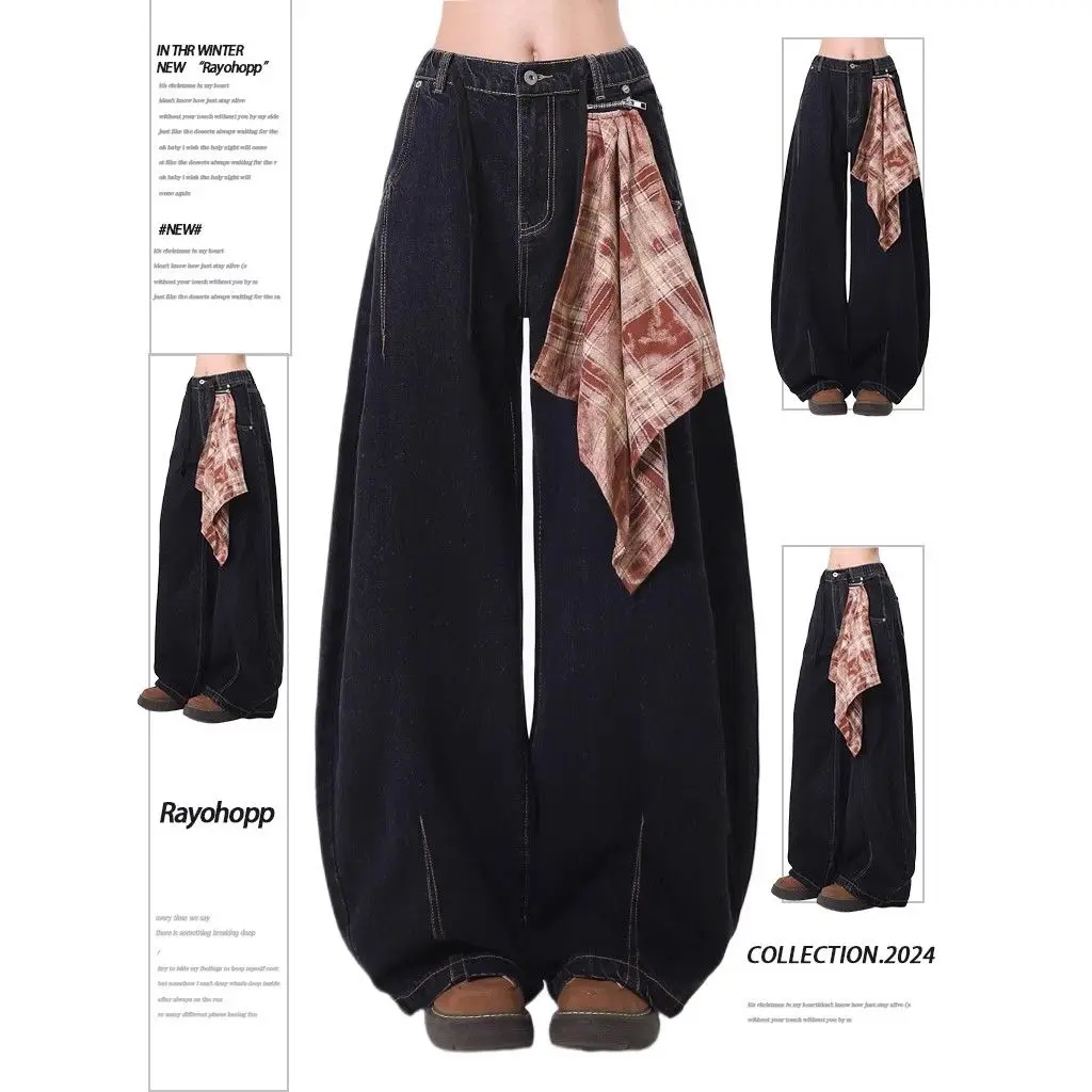 Splicing Red Handkerchief Jeans High Street Straight Leg Fashion Y2K American Oversized Women's Loose Bent Knife Pants New