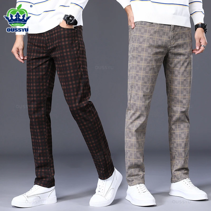 High Quality Men\'s Plaid Casual Pants 98% Cotton Stretch Straight Classic Slim Fit Trousers Male Large Size 40 42 6 Pattern