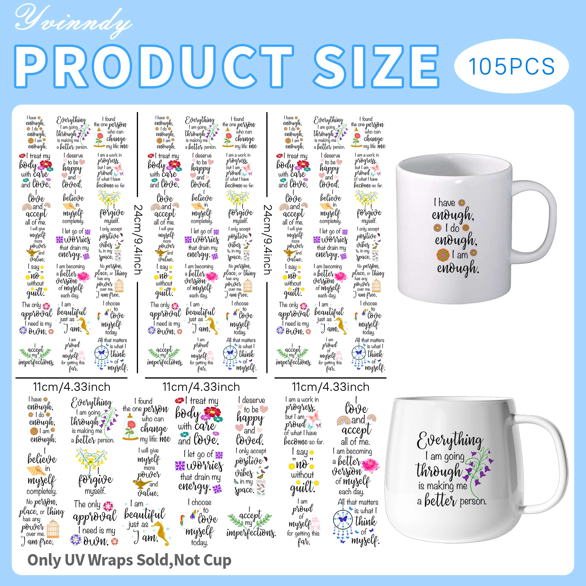 105 Stück/Set UV DTF Transferaufkleber mit Kristalletiketten für 16oz Glasbehälter Motivierende Zitate DIY Bastelsets Glas-Umwickelaufkleber – Detail 2