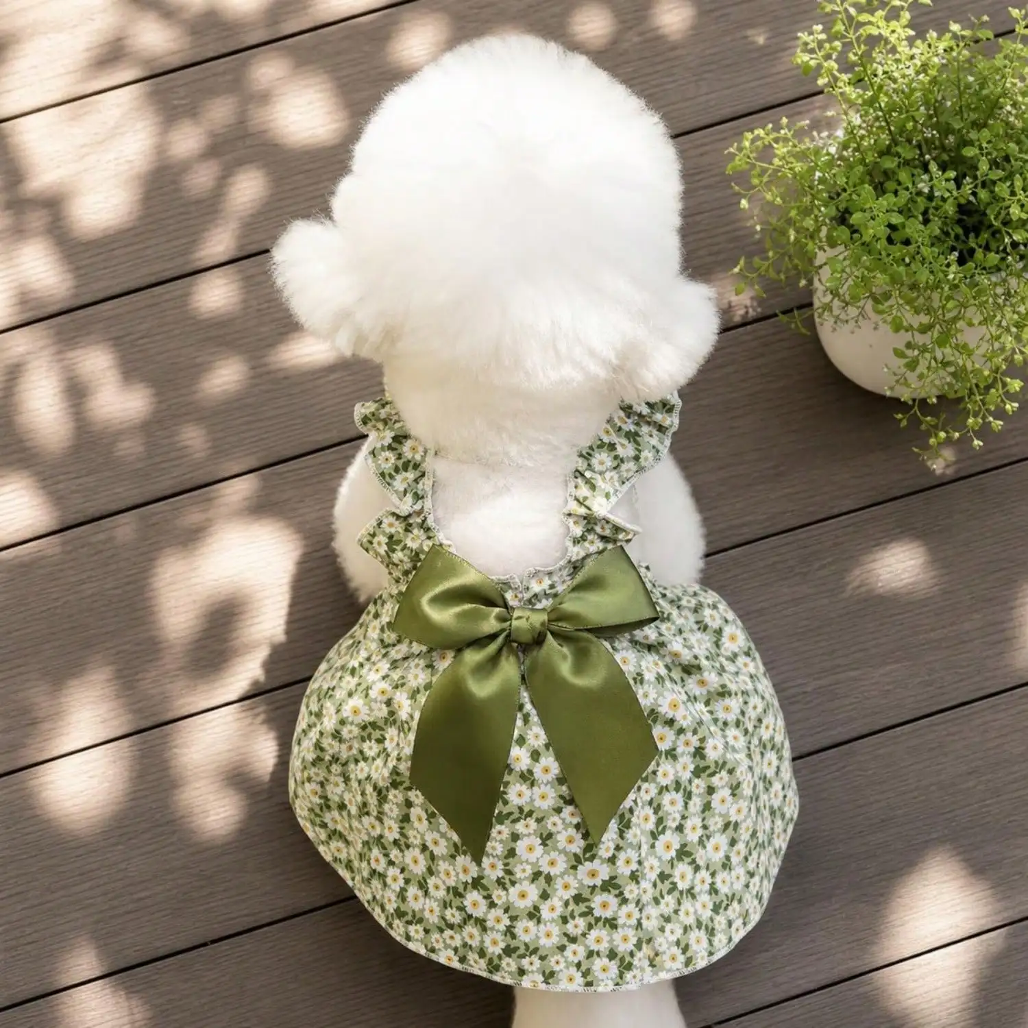 Sommerkleid für Haustiere, ärmellos, mit Blumenmuster, Rüschenriemen, großer Schleife als Dekoration für kleine Hunde, für den täglichen Gebrauch und Partys. – Detail 10