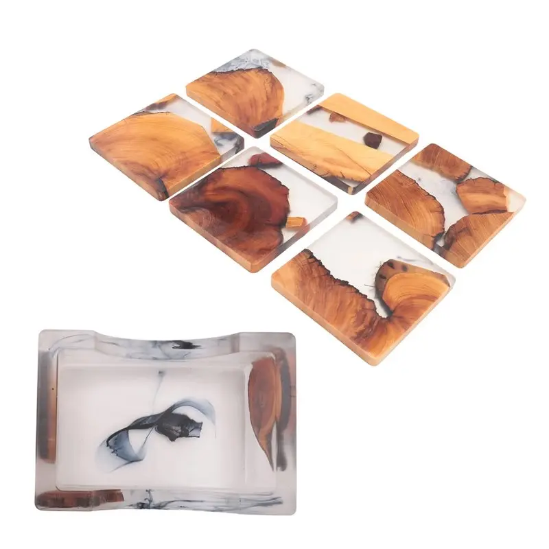 

YLS-Wood Coasters Set With Epoxy Resin - Modern Coasters With Holder For Drinks, Includes 6 Coasters And Holder