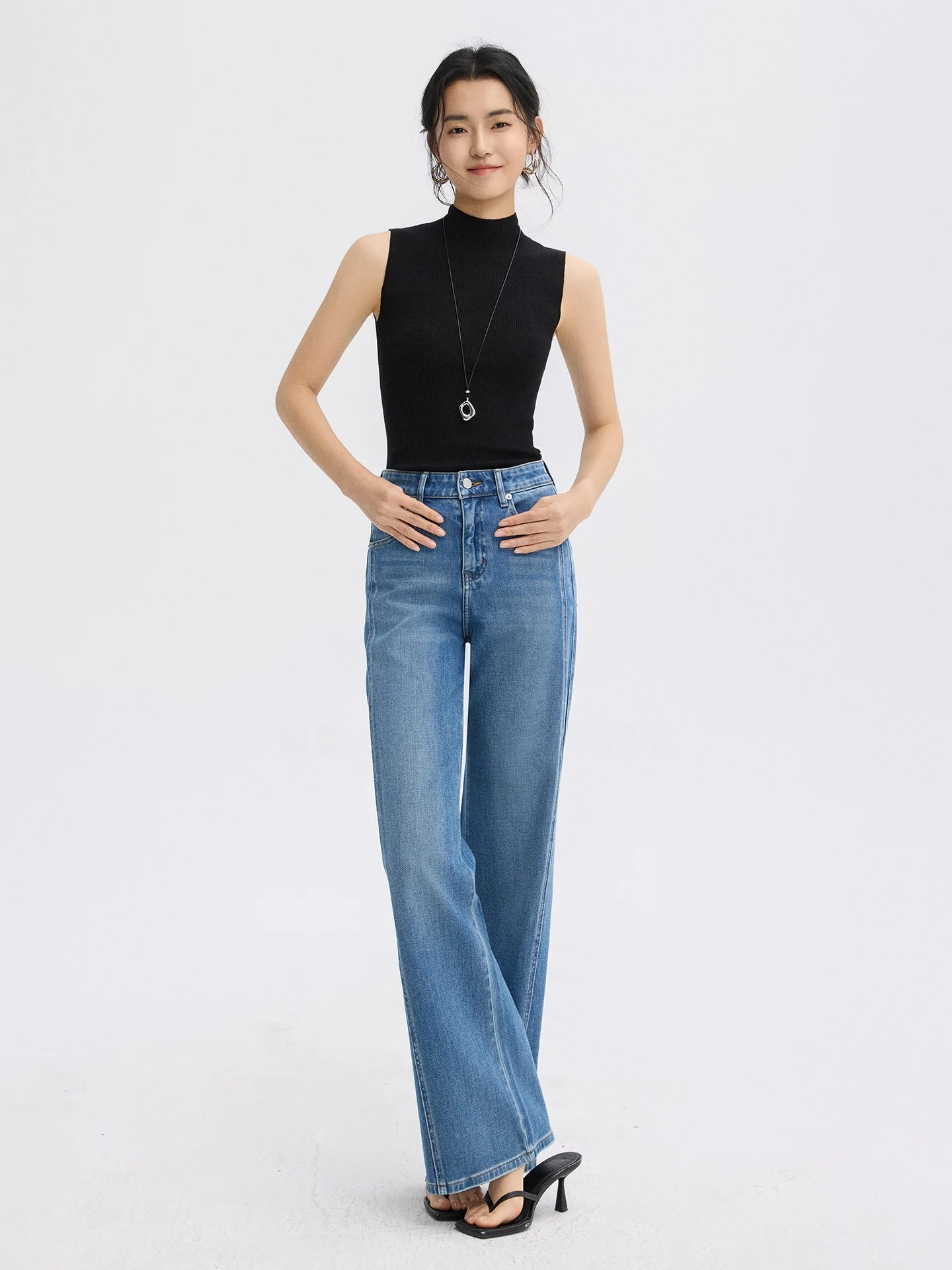 

High Waist Straight Leg Denim Jeans Women's Loose Wide Leg Four Way Stretch Waed Blue Spring New Sle MS.ROELLE