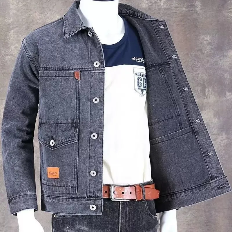 Retro American Denim Jacket Men's Spring Autumn Loose Multi-Pocket Casual Workwear Coat Dirt-Resistant Cotton Long Sleeve But...