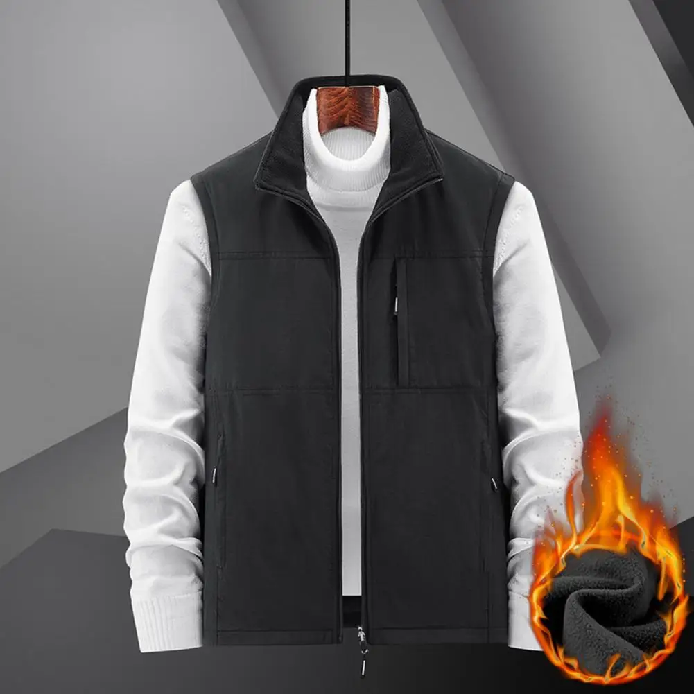 Men Autumn Winter Vest Coat Lapel Sleeveless Zipper Waistcoat Double Side Wear Fleece Lining Outwear Fishing Vest Jacket