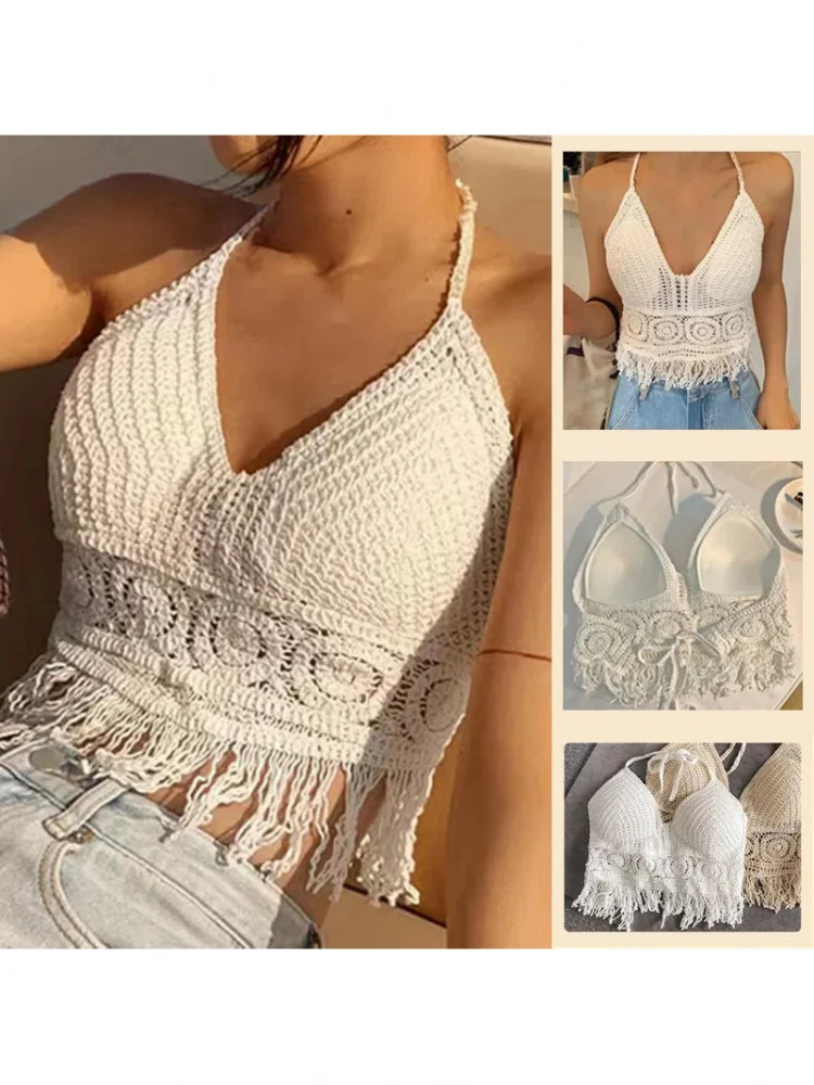 2024 Summer Sexy Beach Short Crop Top dla kobiet Lightweight Hollow Out Crochet Tassels Hem Halter Bras Bustier z wkładkami na klatkę piersiową — zdjęcie 2